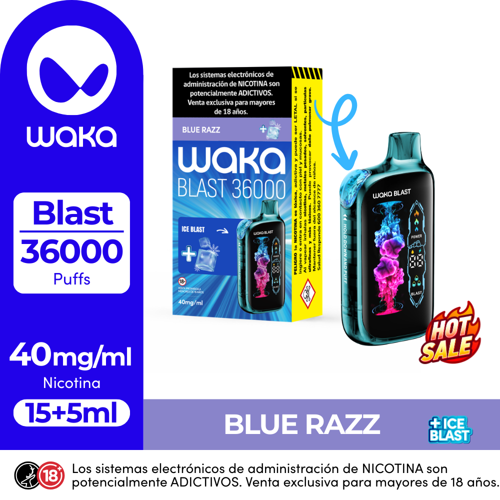 Vaper Waka Blast Blue Razz+Ice Blast 36000 Puff- 4%