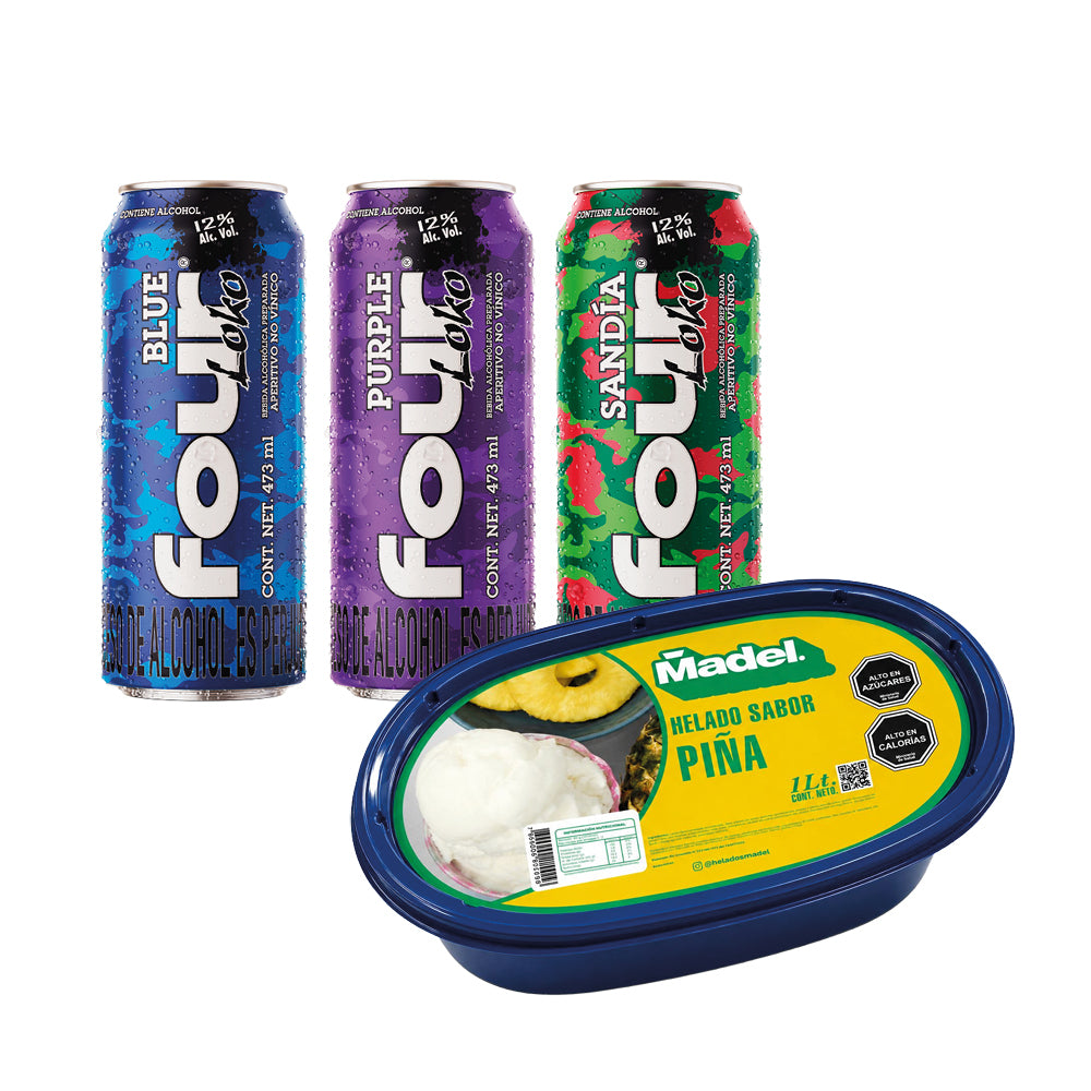 Pack Terremoloko Catador: Four Loko Purple + Four Loko Blue + Four Loko Sandía+ Helado de Piña 1L