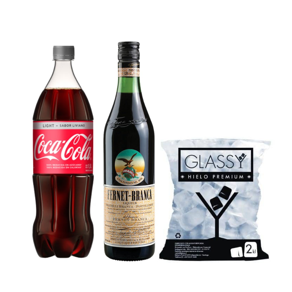 Pack Licor Fernet Branca 750cc + Coca Cola Light 1.5lt + Hielo 2KG