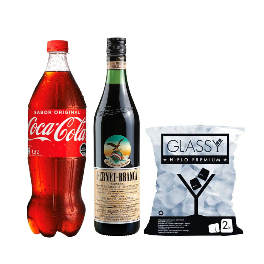 Pack Licor Fernet Branca 750cc + Coca Cola 1.5lt + Hielo 2KG