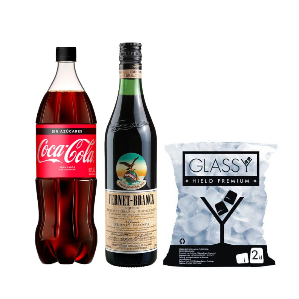 Pack Licor Fernet Branca 750cc + Coca Cola Sin Azúcar 1.5lt + Hielo 2KG
