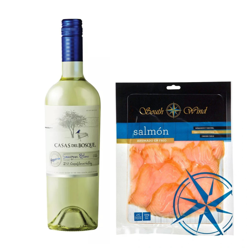 Promo Vino Casas del Bosque Sauvignon Blanc 750cc + Salmón Ahumado en caliente trozo 300g